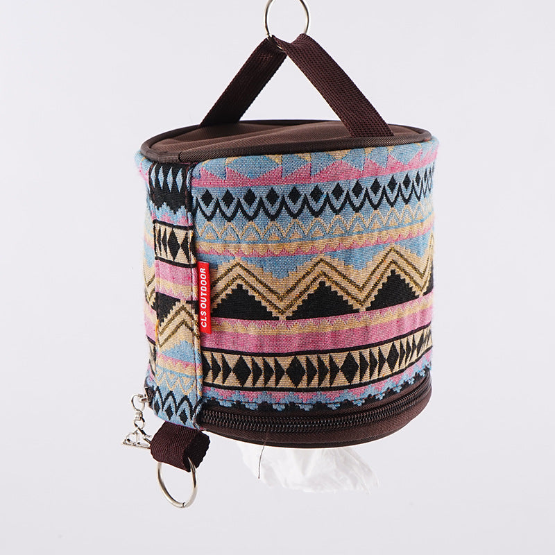 Outdoor camping folding ethnic style paper box storage bag car roll paper tissue box small cloth bag storage bag - Korvel