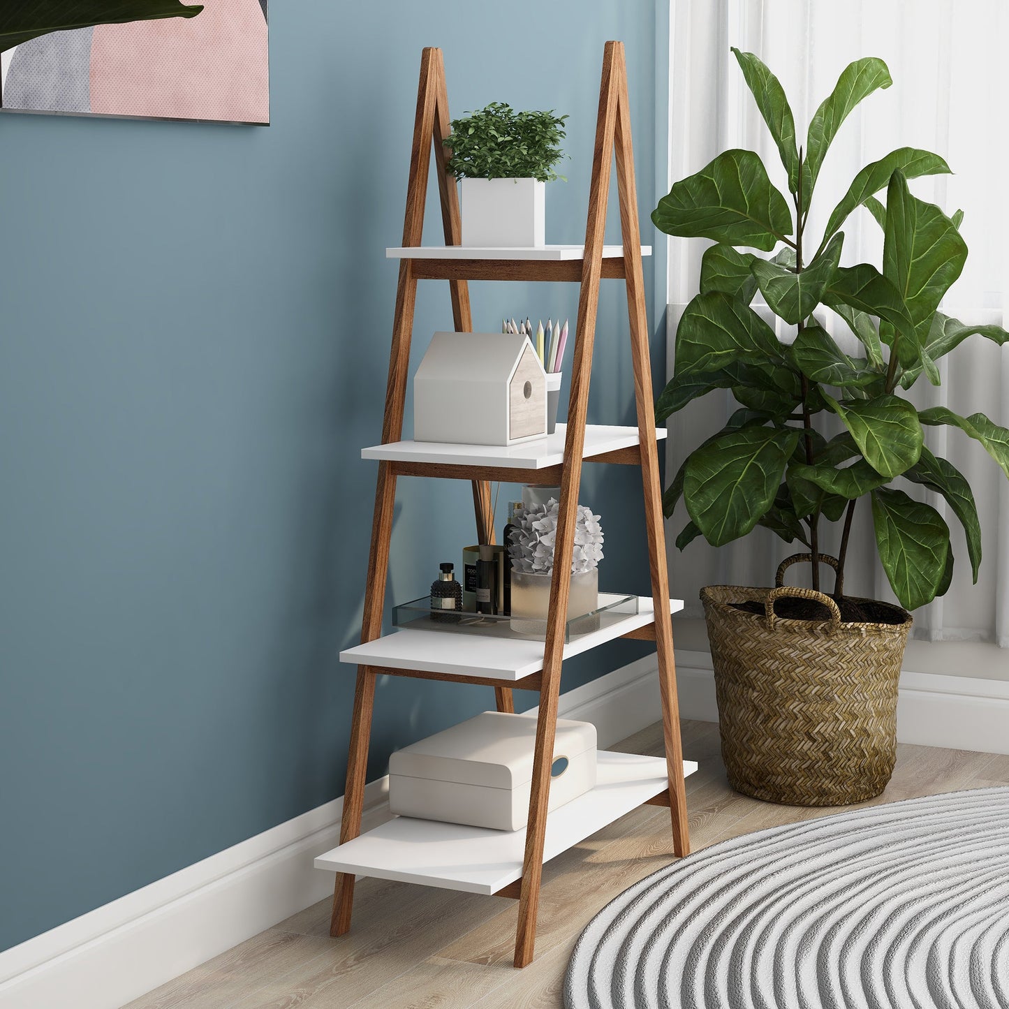 Solid bamboo wood oxford “A”frame ladder display bookshelf - Korvel