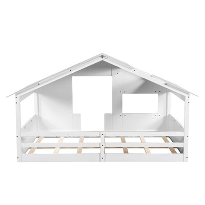 Wood Full Size House Bed with Roof, Window and Guardrail White - Korvel