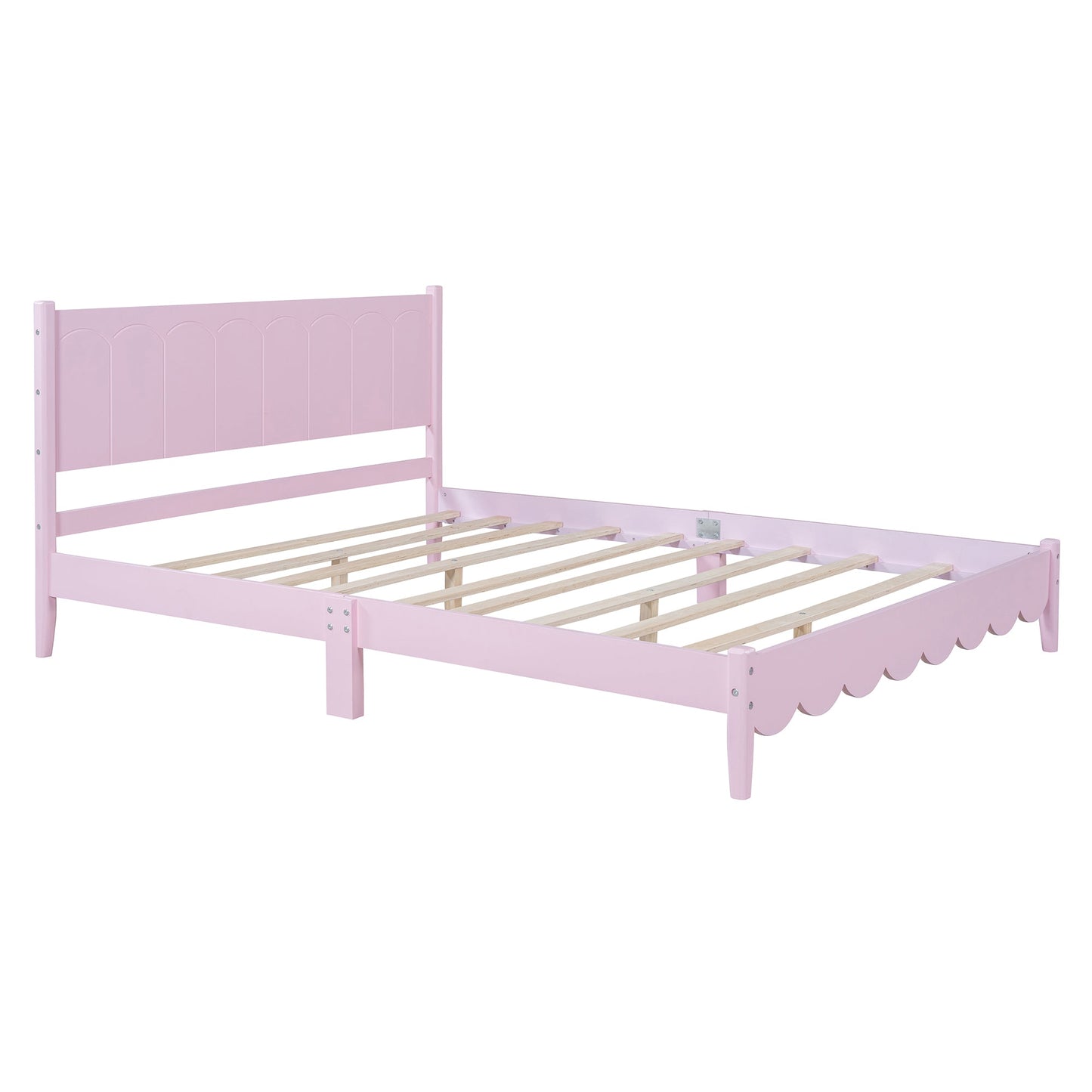 Queen Size Wood Platform Bed Frame, Retro Style Bed with Rectangular Headboard,No Need Box Spring,Pink - Korvel