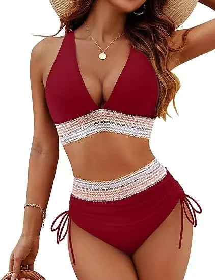 Color Block Drawstring Bikini Set