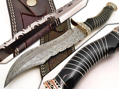 Exquisite Custom Bowie Knife - Handcrafted Damascus Steel with Buffalo Horn Handle & Brass Accents, 15" Length | Includes Leather Sheath - Korvel