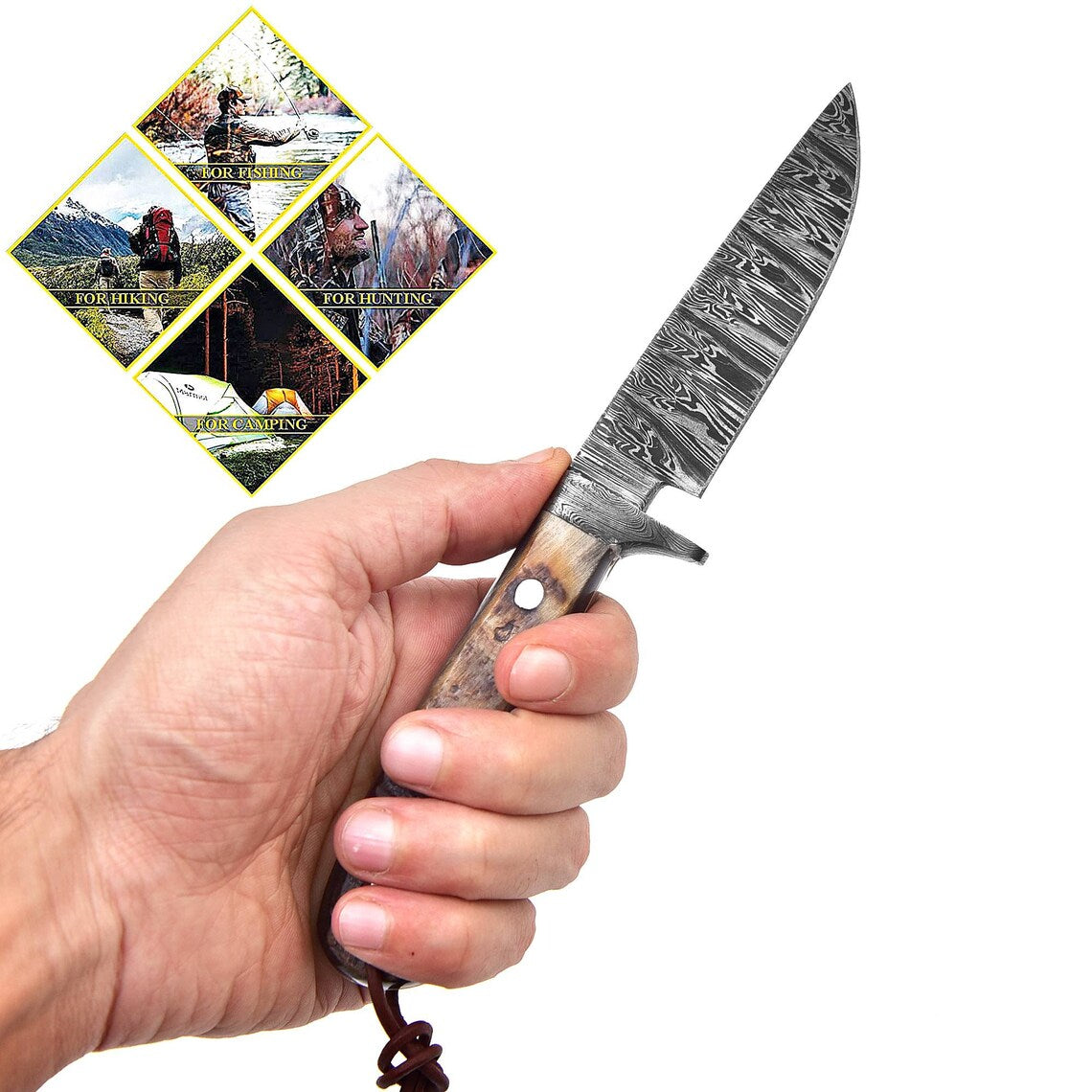 Artisan Crafted Hunting Knife with Unique Fire Pattern Damascus Blade and Sheep Horn Grip, 8.25-Inch Length with Leather Sheath - Korvel