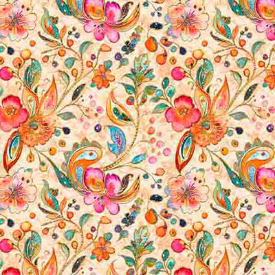 Tela de Algodón Paisley Floral de Mariposas de Jardines Fluctuantes