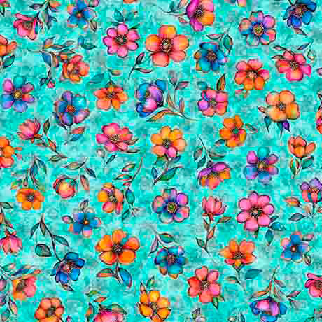 Fluttering Gardens Small Floral Turquoise Cotton Fabric