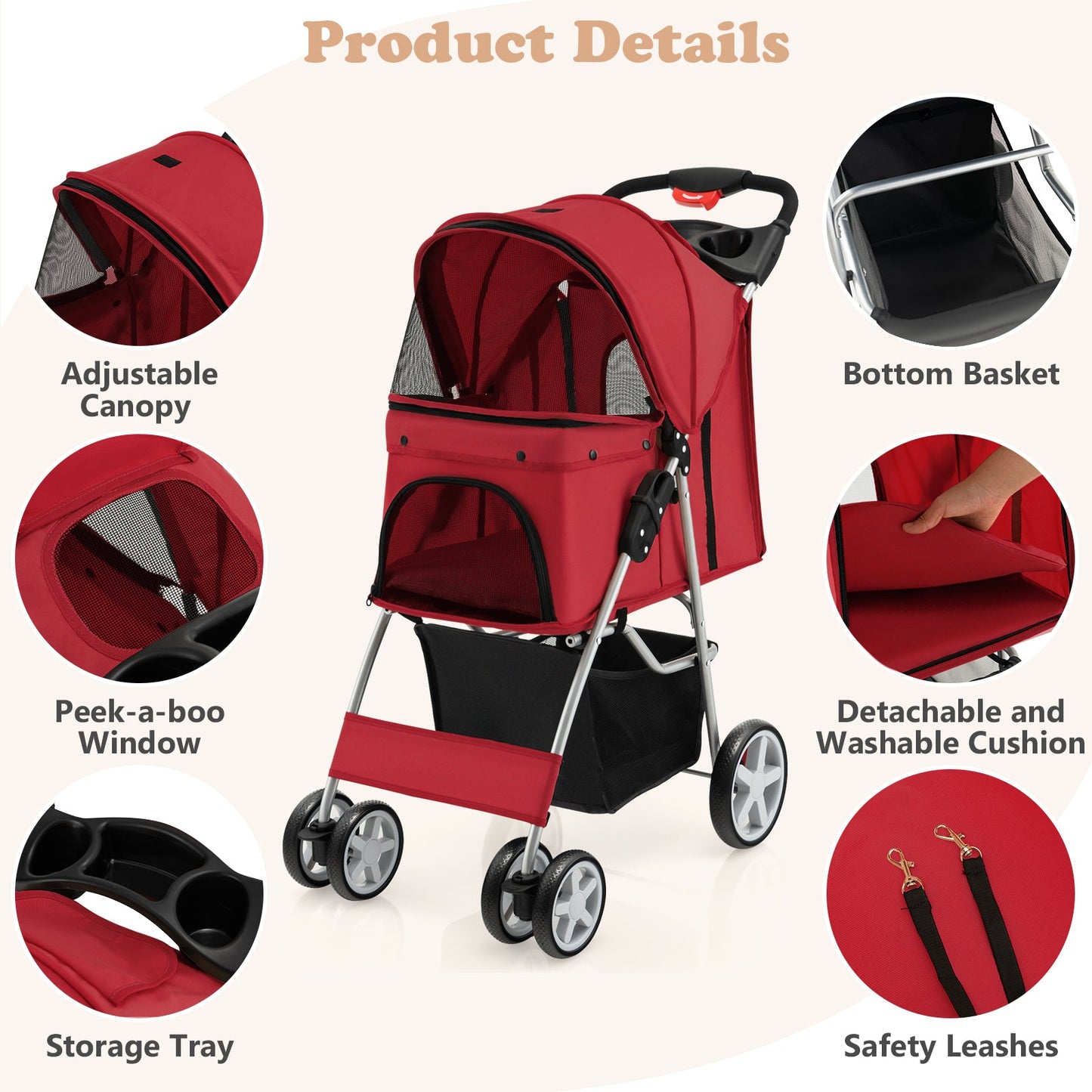 Folding Pet Stroller with Storage Basket and Adjustable Canopy - Red