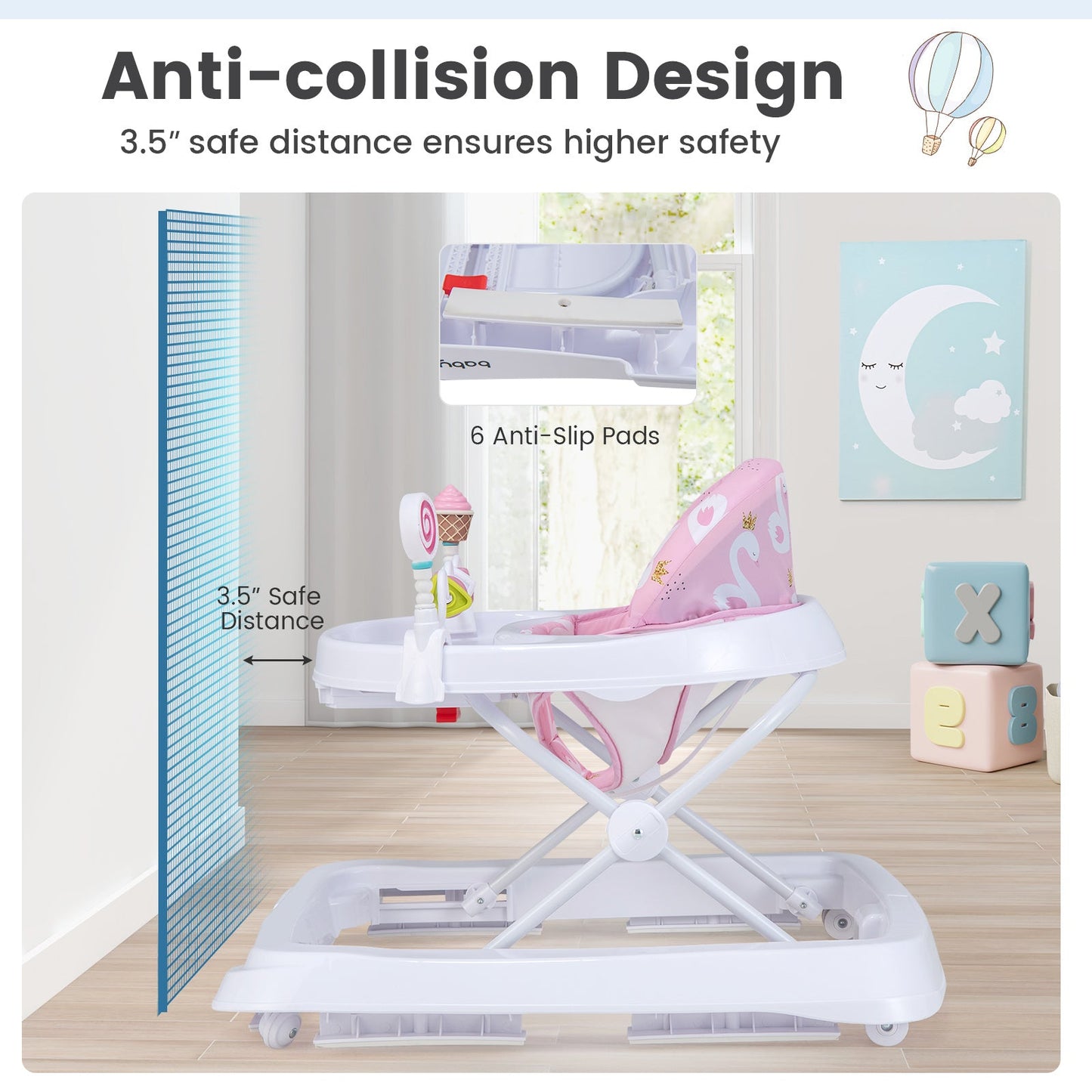 Foldable Baby Activity Walker with Adjustable Height - Pink