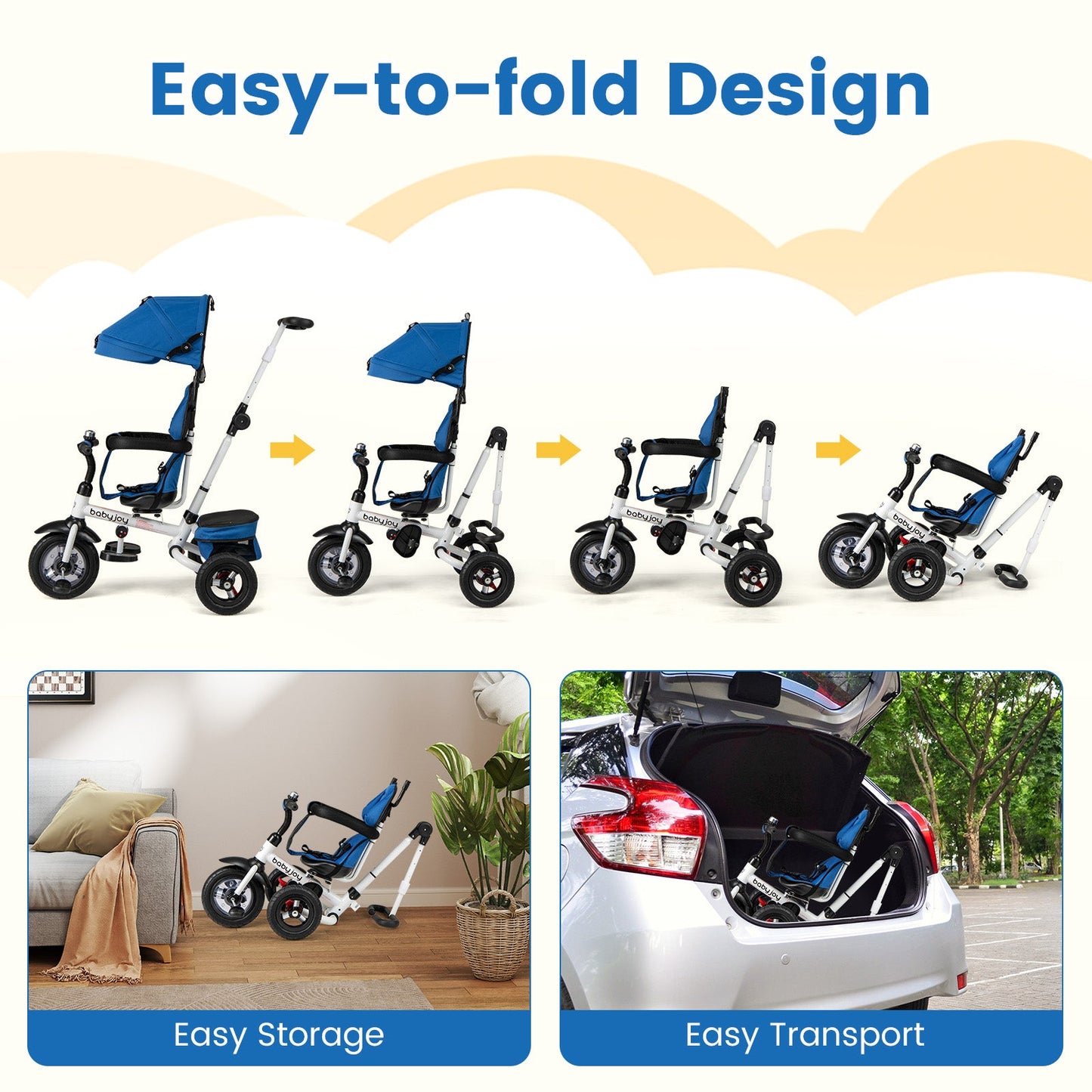 Poussette Tricycle Pliable pour Bébé avec Siège Réversible - Bleu