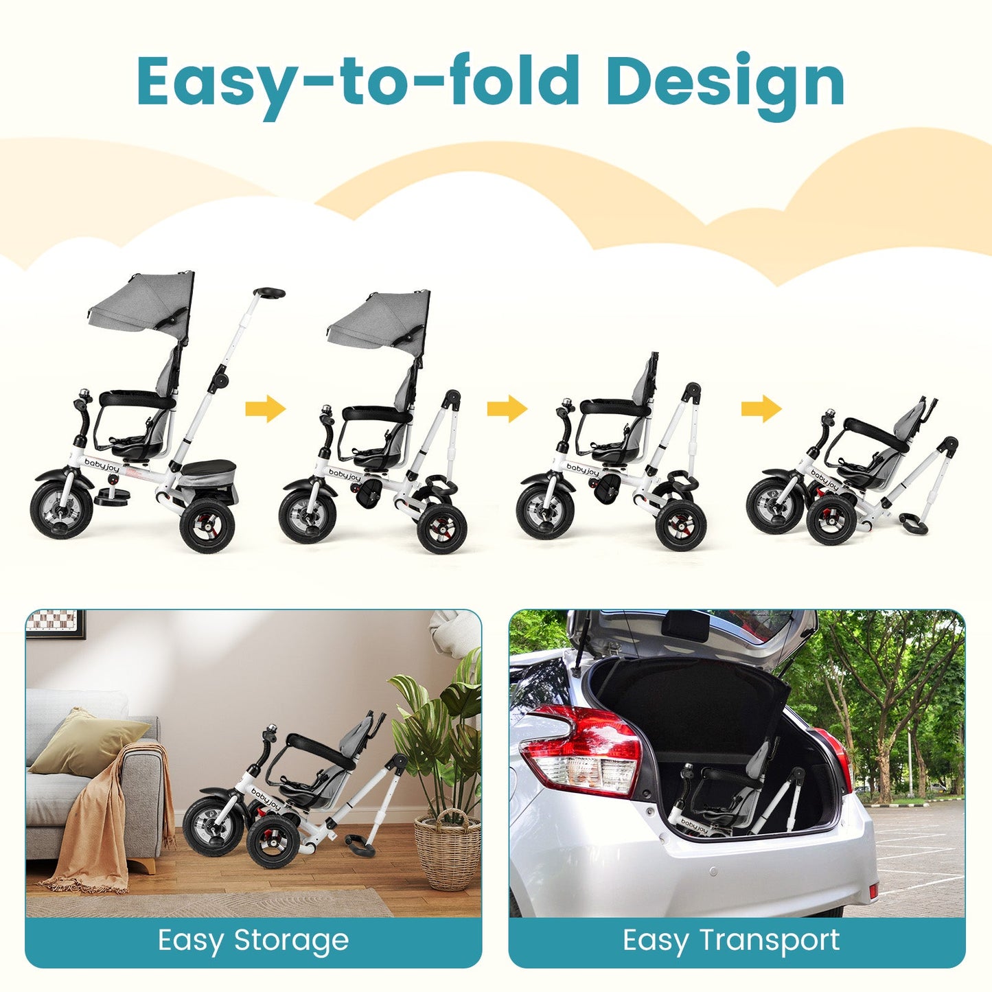 Folding Tricycle Baby Stroller with Reversible Seat - Gray
