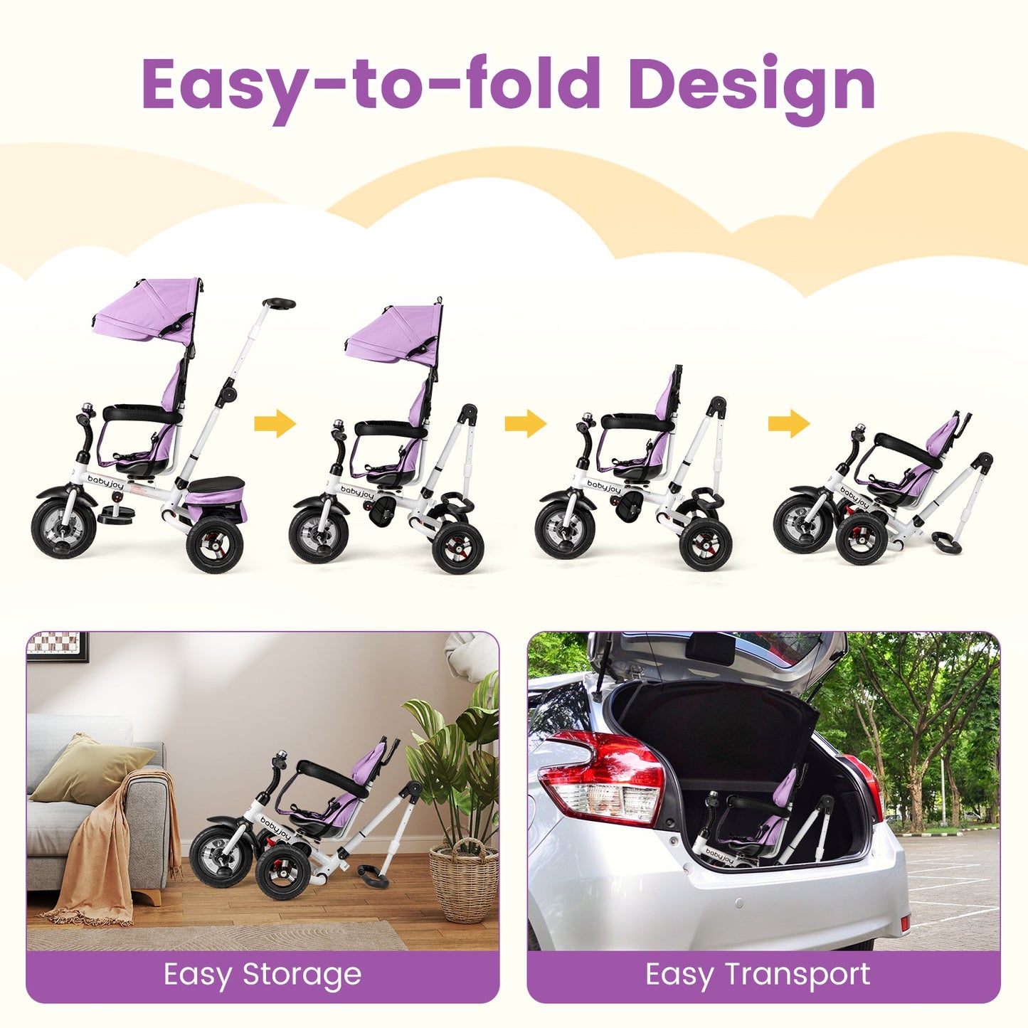 Folding Tricycle Baby Stroller with Reversible Seat - Pink