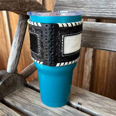 Rustic Cowhide Leather Turquoise Tumbler - Korvel