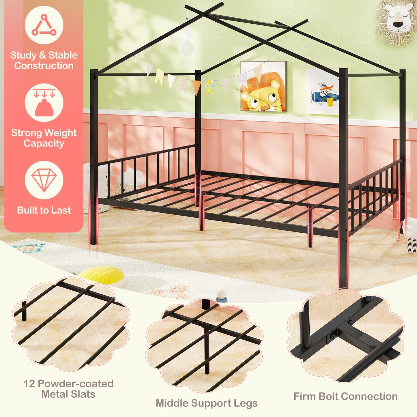 Cama de Casa de Metal de Tamaño Completo con Cajones de Tela para Niños - Negro