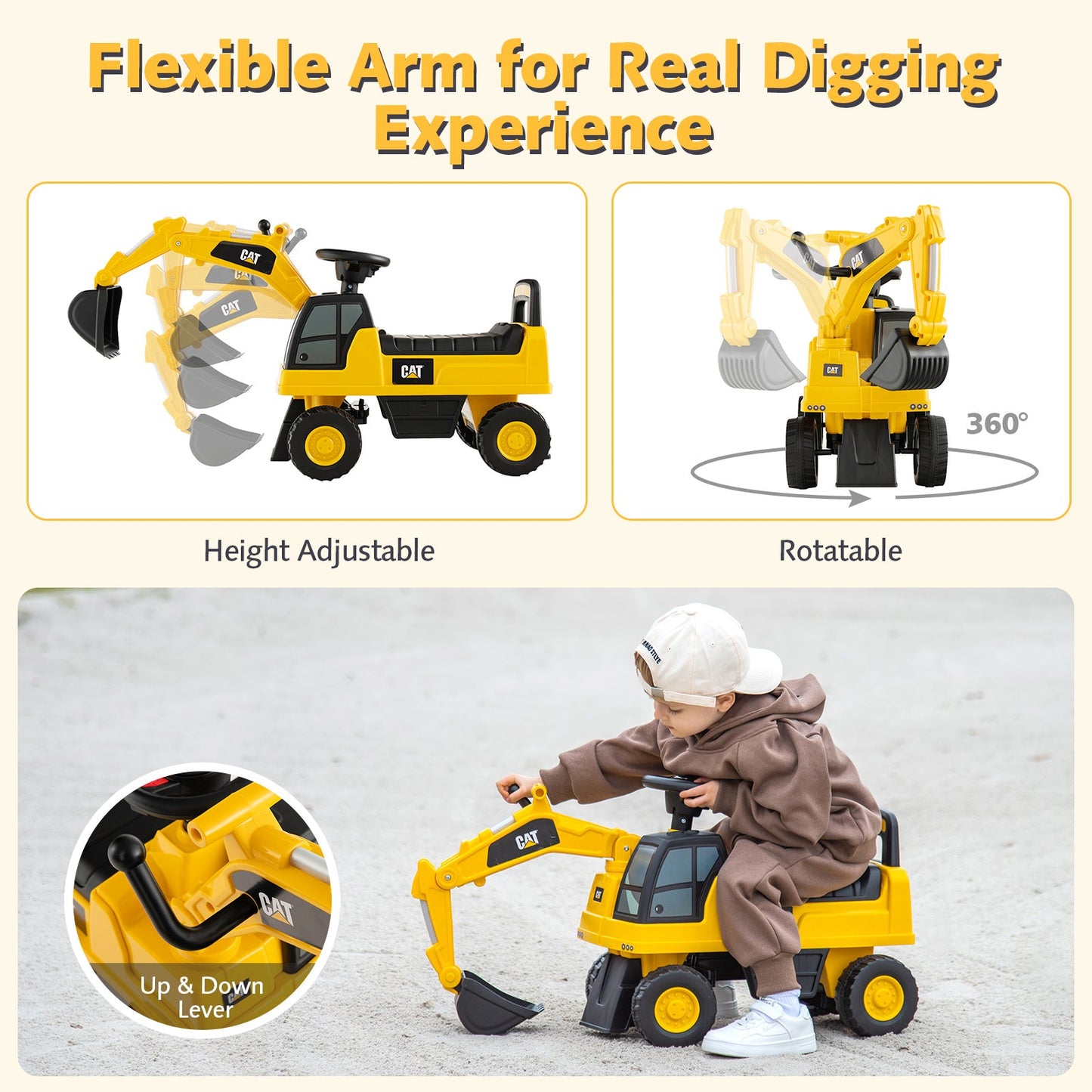 Digger à pédales Caterpillar pour enfants - Jaune