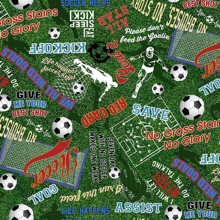 Palabras de Fútbol Verdes sobre Tela de Césped - 44"/45" por Yarda