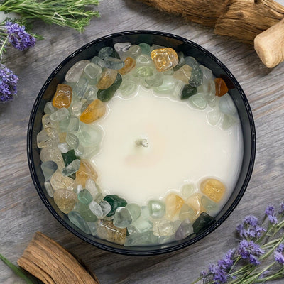 Gemini Crystal Candle with Green Fluorite, Citrine & Aventurine - 9oz