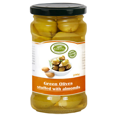 KORVEL Greek Green Halkidiki Olives stuffed with Almonds, Super Colossal, 10.65 oz - Korvel-Food Inc.