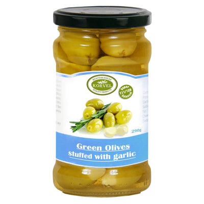 KORVEL Greek Green Halkidiki Olives stuffed with Garlic, Super Colossal, 10.65 oz - Korvel-Food Inc.