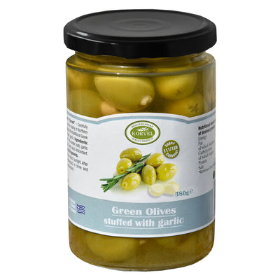KORVEL Greek Green Garlic-Stuffed Halkidiki Olives – Super Colossal – 13.4 oz Glass Jar - Korvel