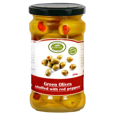 KORVEL Greek Green Halkidiki Olives stuffed with sweet red pepper, Super Colossal, 10.65 oz - Korvel-Food Inc.