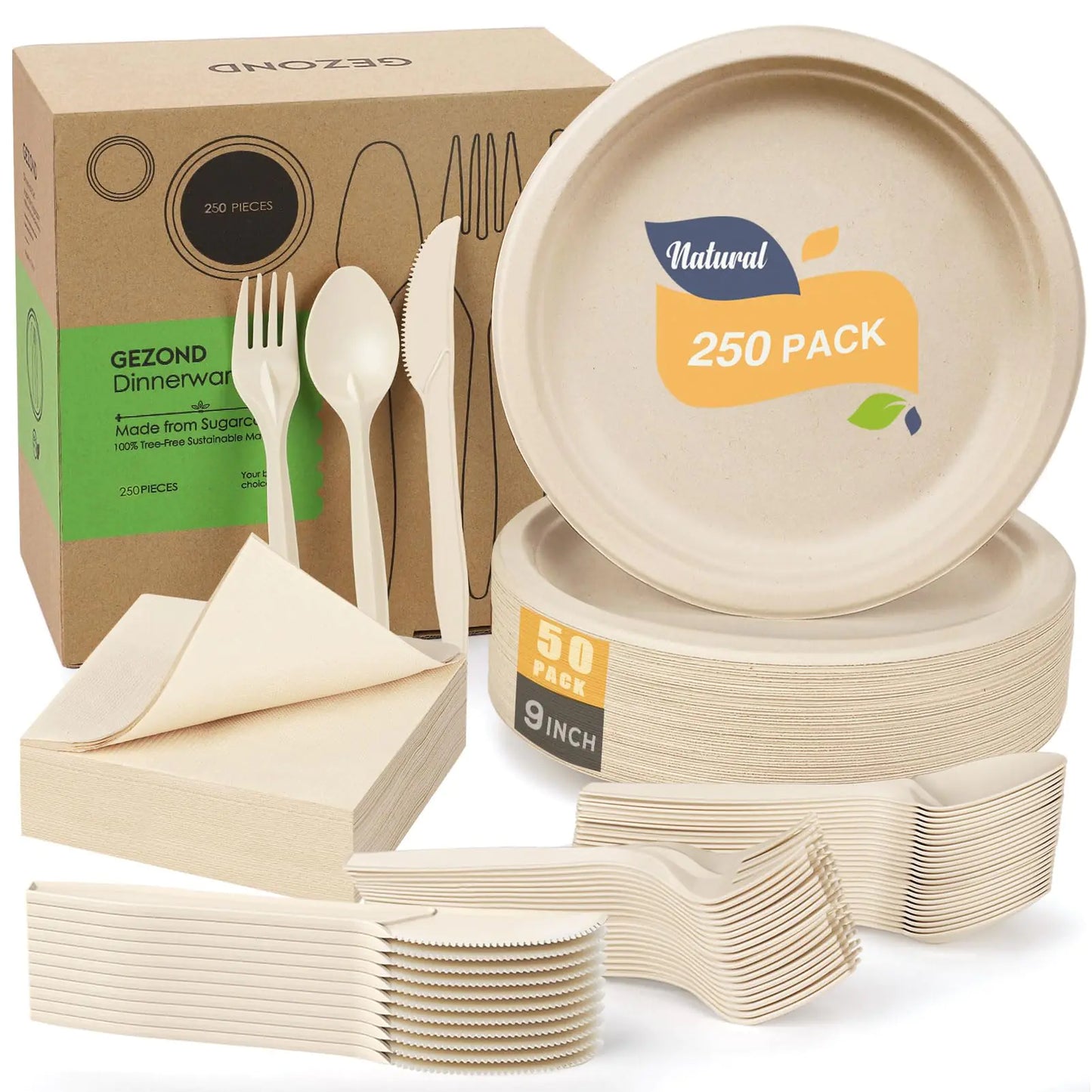 Set de Platos de Papel Compostables Gezond de 250 piezas para Fiestas y Picnics