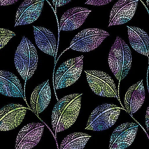Ve con el flujo Tejido de hojas en mosaico negro/múltiples colores de algodón