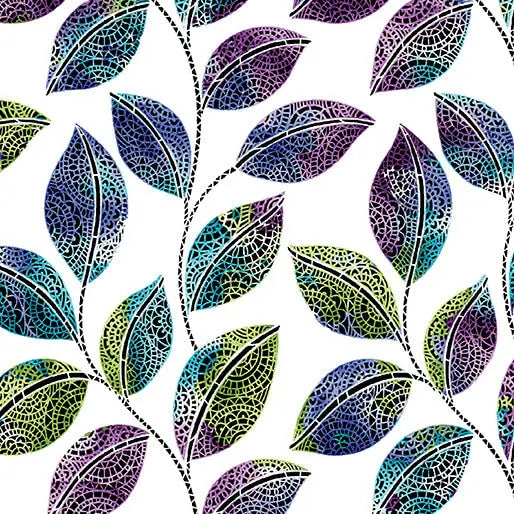 Go with the Flow Mosaic Leaves Cotton Fabric - White/Multi