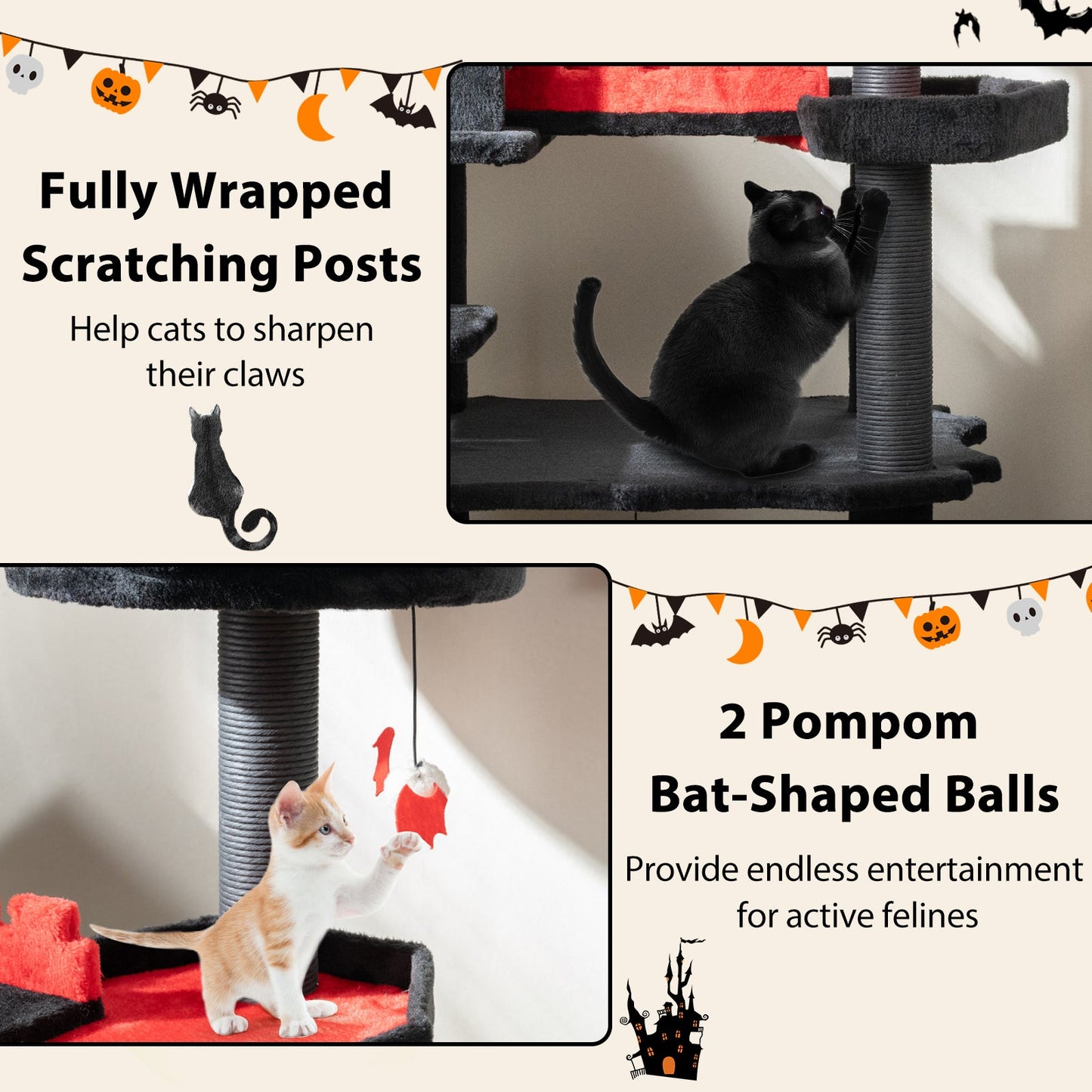 Gothic Cat Tree - 49 Inch Tall Cat Tower with Coffin Bed