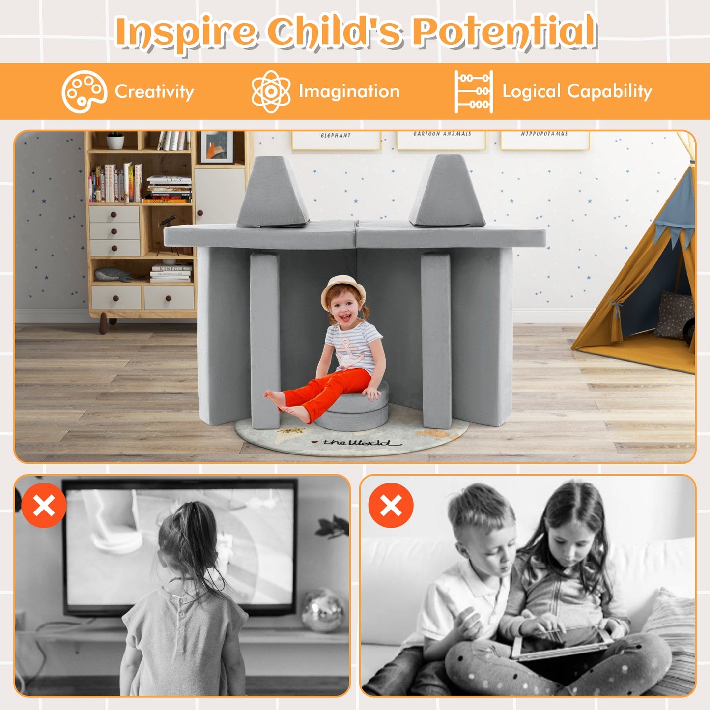 Canapé de jeu pour enfants en 10 pièces avec poignée portable - Gris