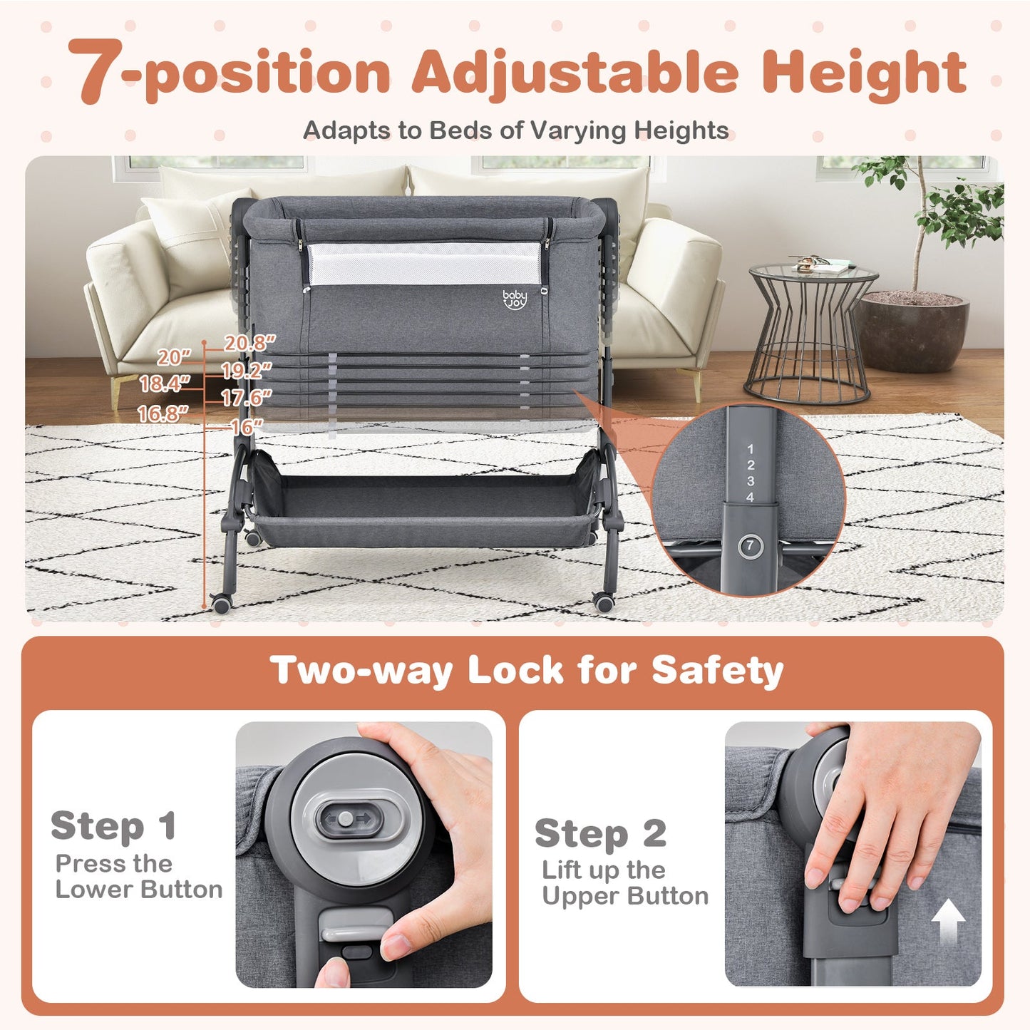 Berceau 3-en-1 pour bébé avec design à double verrouillage - Gris