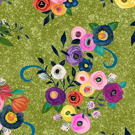 Tela de Algodón Floral Acuarela Verde Oliva - 44"/45" por Yarda
