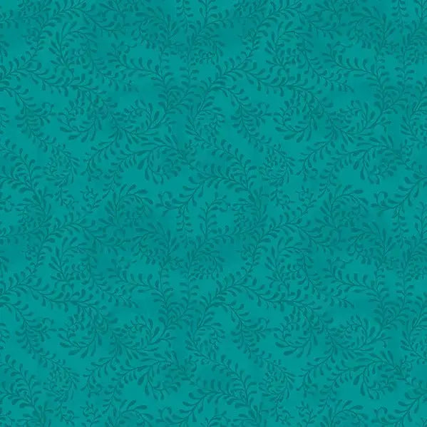 Tissu en coton large avec motif de feuilles tourbillonnantes vert teal - 1 yard