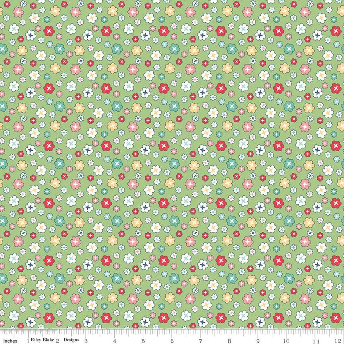 Tissu Large Vintage Vert Heureux 2 Fleurs au Yard