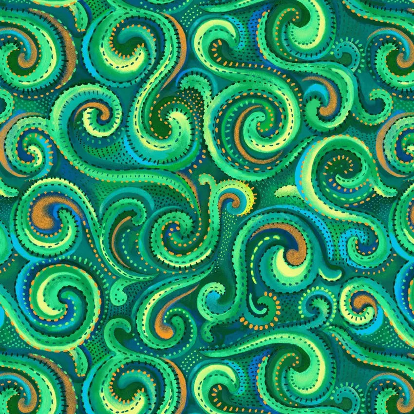 Tissu en coton large Green Whirlwind Swirl