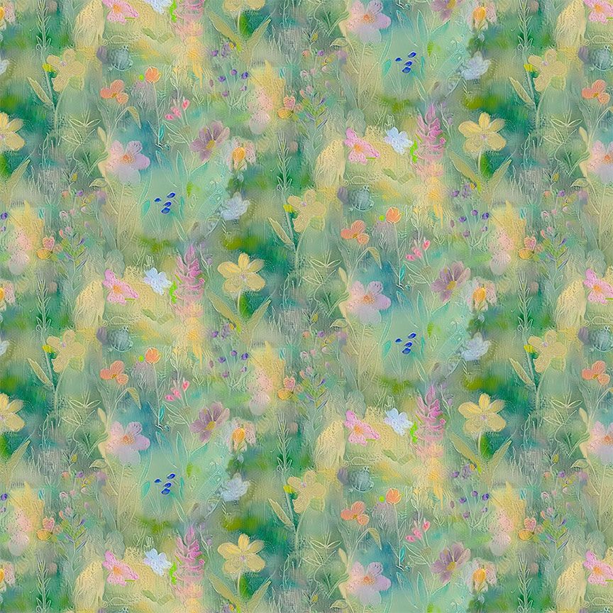 Tela de Algodón Campo de Flores Silvestres Verdes - 44"/45" por Yarda