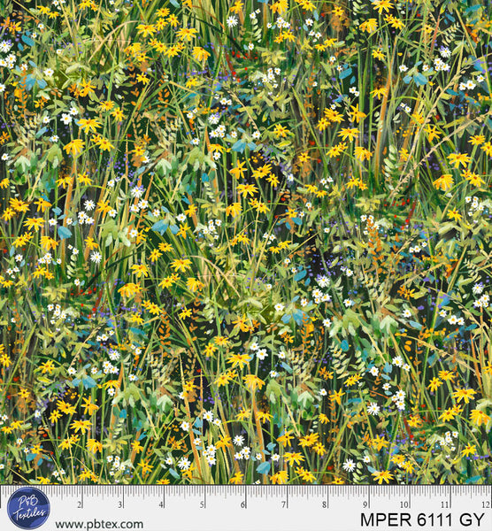 Tissu en coton floral vert / jaune Meadow Perch 44”/45” par yard