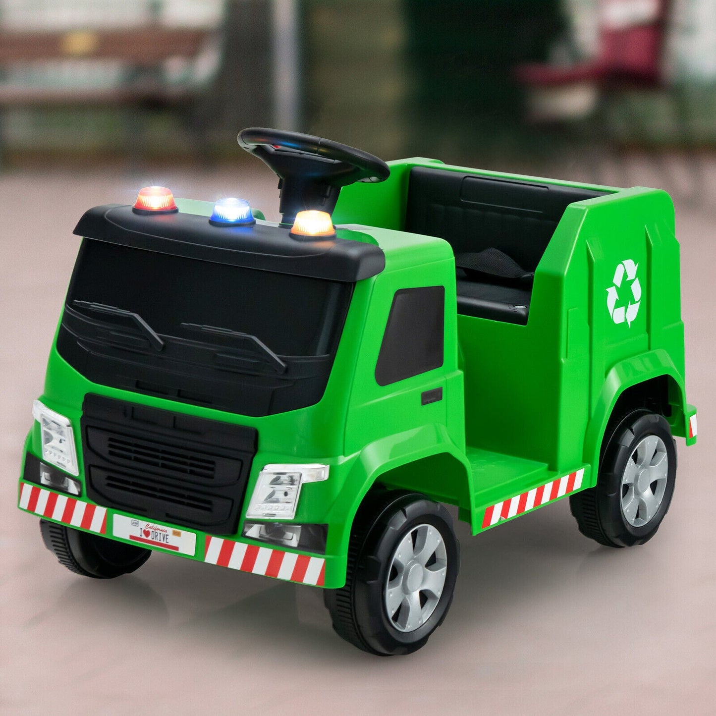 12V Kids Ride-on Garbage Truck with Recycling Accessories - Green