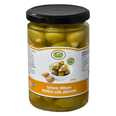 KORVEL Greek Green Almond-Stuffed Halkidiki Olives – Super Colossal – 13.4 oz Jar - Korvel