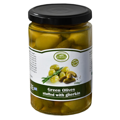 KORVEL Greek Green Gherkin-Stuffed Halkidiki Olives – Super Colossal – 13.4 oz Jar - Korvel