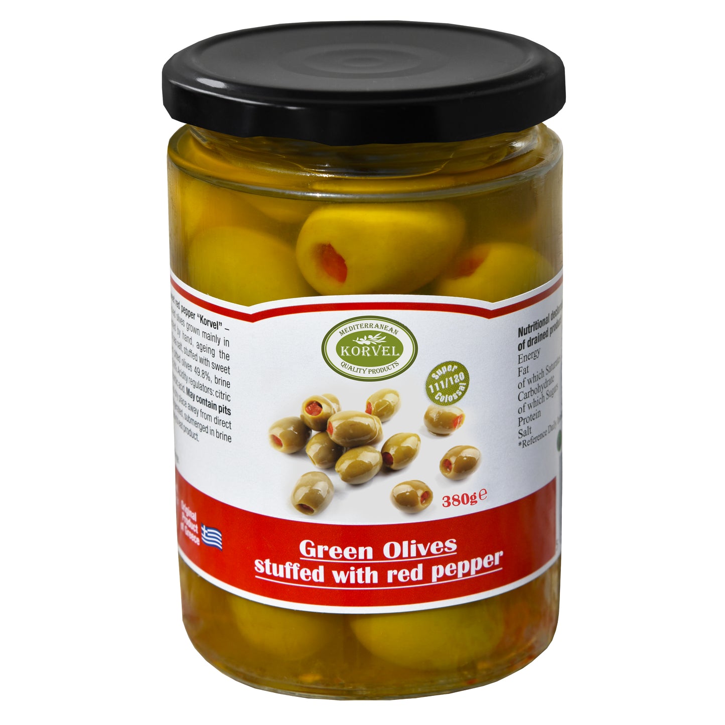 KORVEL Greek Green Red Pepper-Stuffed Halkidiki Olives – Super Colossal – 13.4 oz Jar