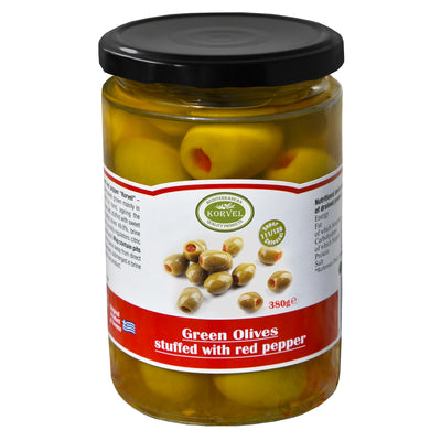 KORVEL Greek Green Red Pepper-Stuffed Halkidiki Olives – Super Colossal – 13.4 oz Jar - Korvel