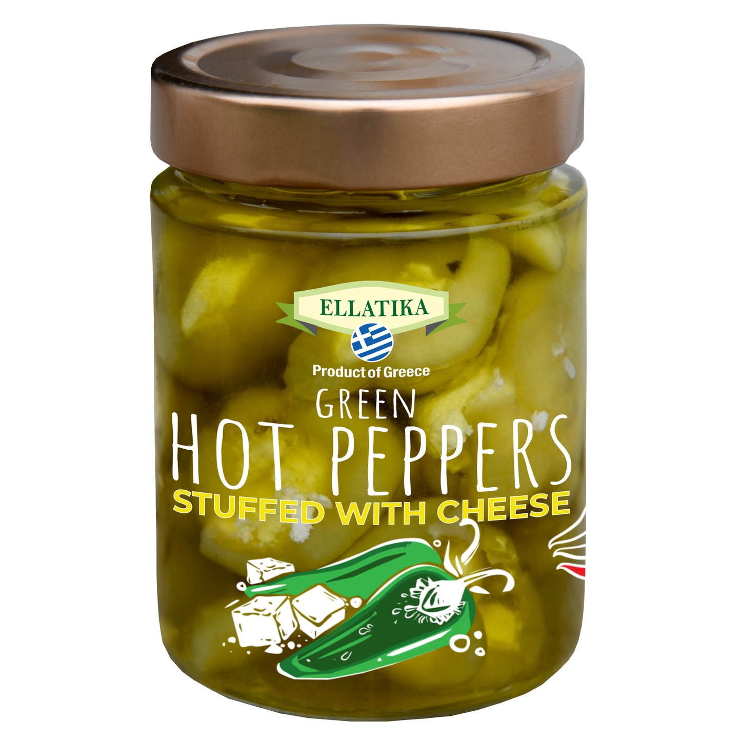ELLATIKA Cheese-Stuffed Green Hot Bell Peppers – in Sunflower Oil – 11.28 oz Glass Jar