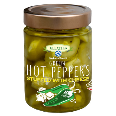 ELLATIKA Cheese-Stuffed Green Hot Bell Peppers – in Sunflower Oil – 11.28 oz Glass Jar - Korvel
