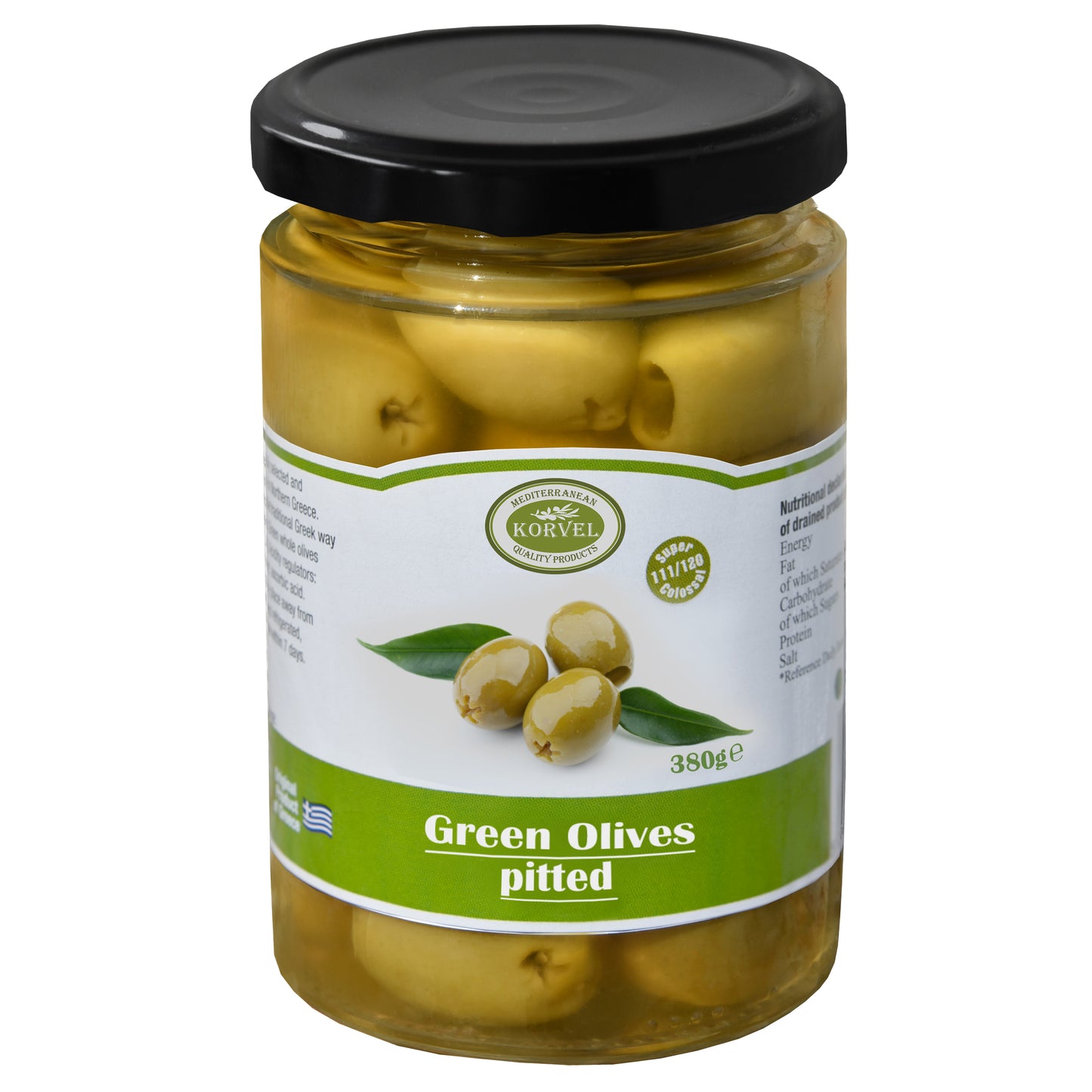 KORVEL Greek Green Pitted Halkidiki Olives – Super Colossal – 13.4 oz Glass Jar