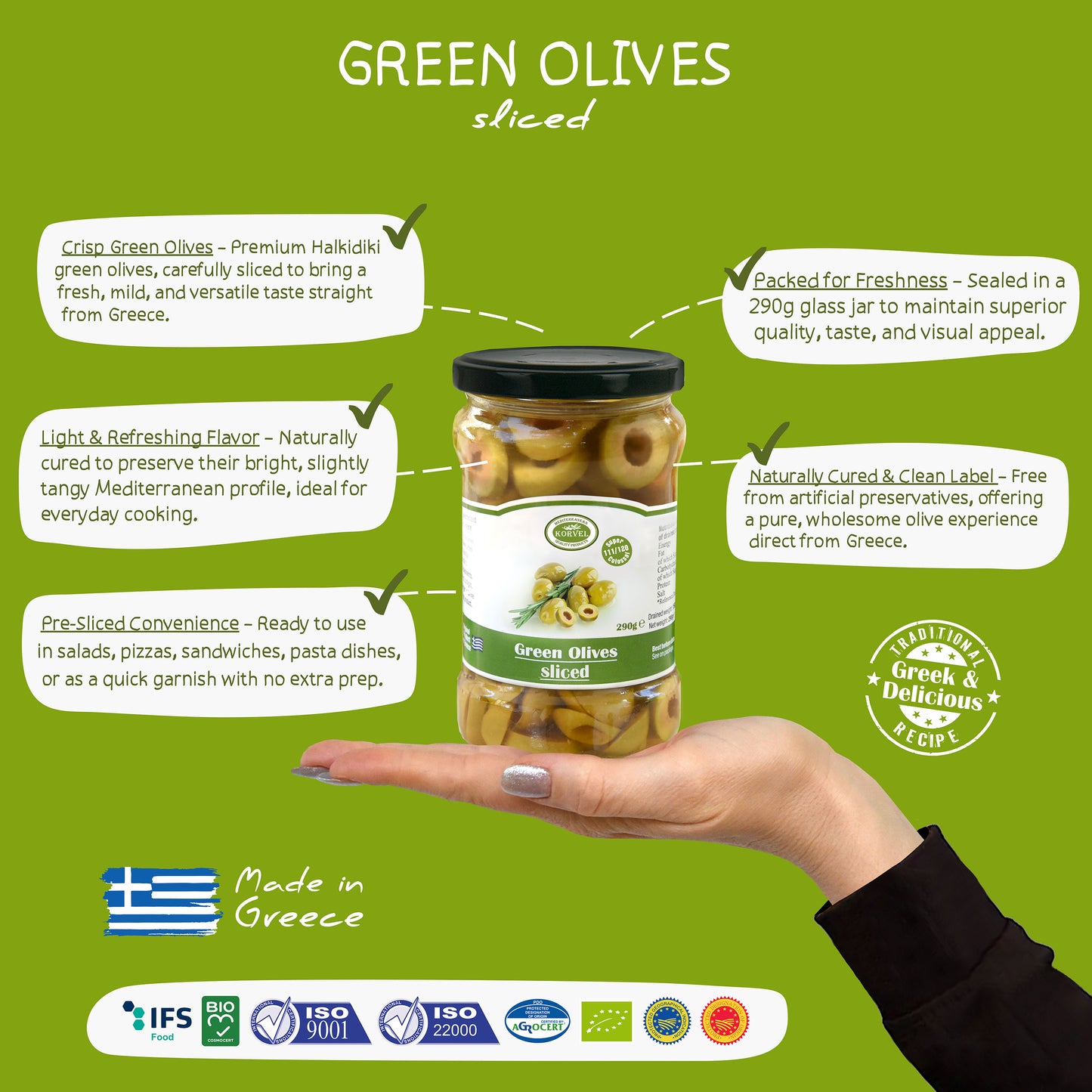 KORVEL Greek Green Sliced Halkidiki Olives – Super Colossal – 10.65 oz Glass Jar