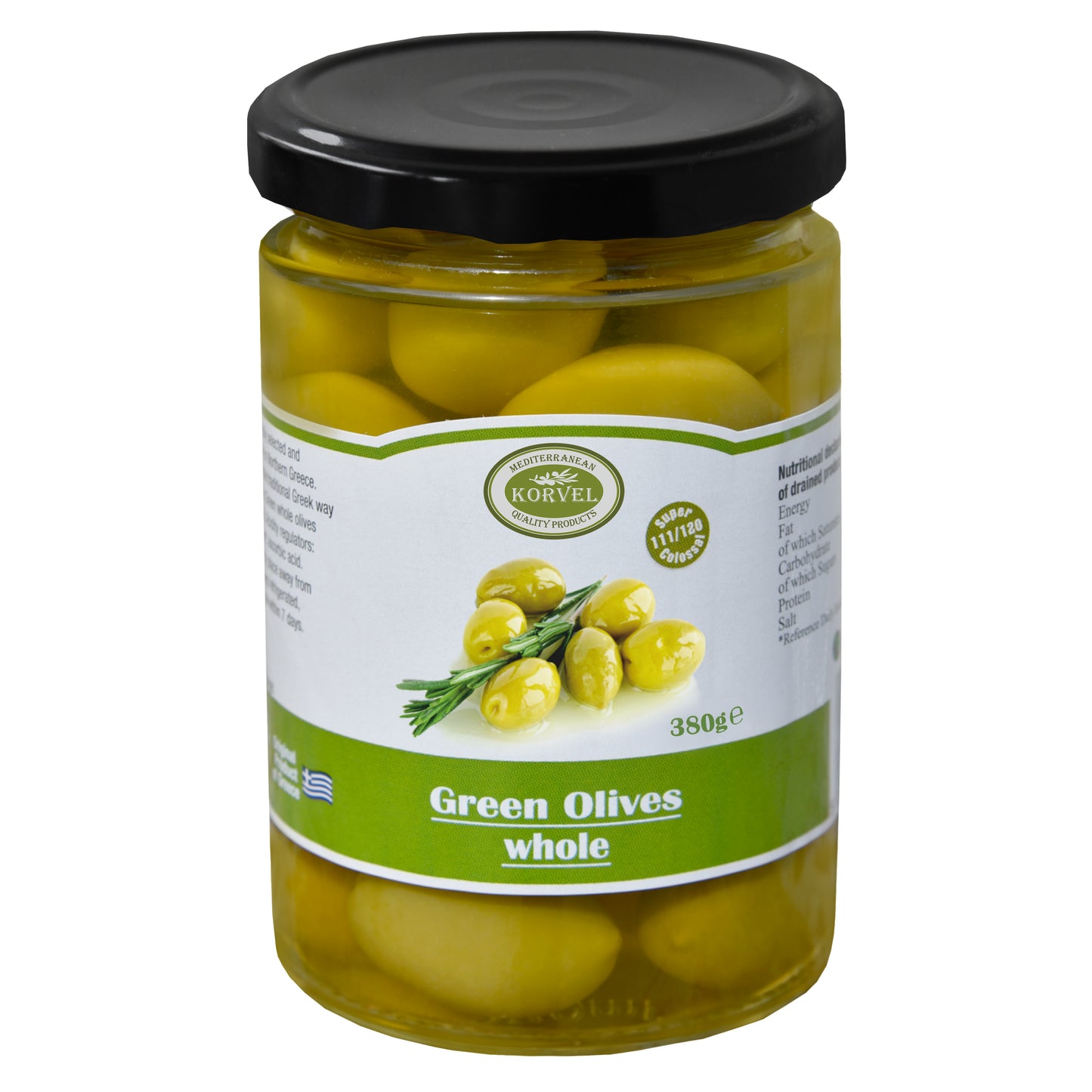 KORVEL Greek Green Whole Halkidiki Olives – Super Colossal – 13.4 oz Glass Jar