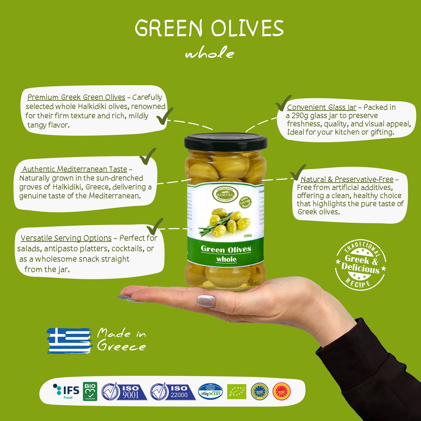 KORVEL Greek Green Whole Halkidiki Olives – Super Colossal – 10.65 oz Glass Jar