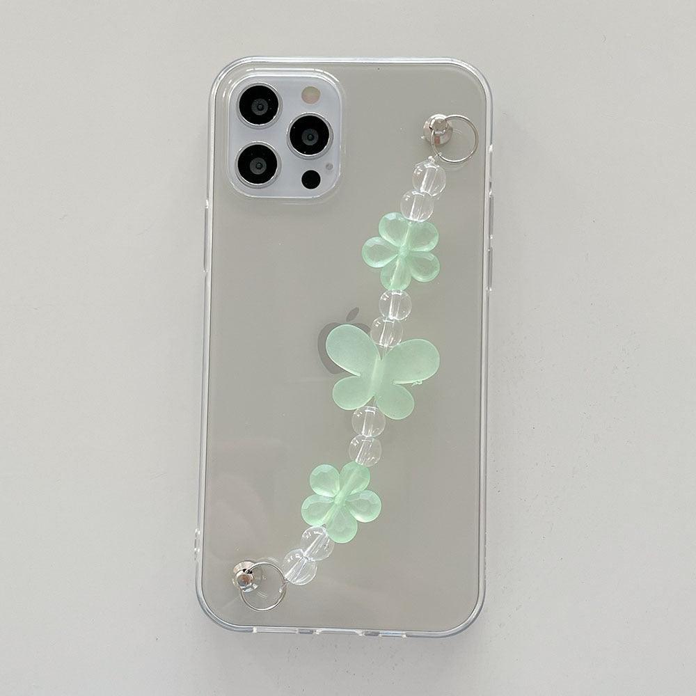 Coque de téléphone avec bracelet en chaîne de fleurs papillon pour iPhone