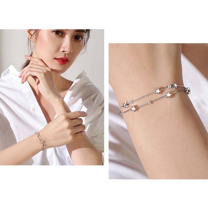 Elegant 925 Sterling Silver Double Layer Star Bead Bracelet for Women