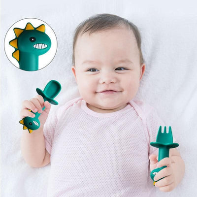 Soft Silicone Baby Feeding Spoon and Fork Set - Cartoon Dinosaur