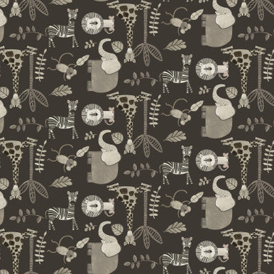 Tissu Noir Jungle Romp Animaux Sauvages - 43"/44" Par Yard